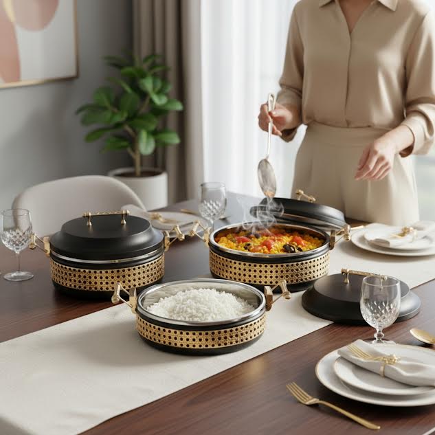 3 Piece Thermos Hot Pot Set Black & Gold Full Metal