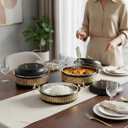 3 Piece Thermos Hot Pot Set Black & Gold Full Metal