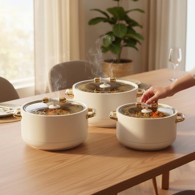 3 Piece Food Warmer Set Cream & Gold