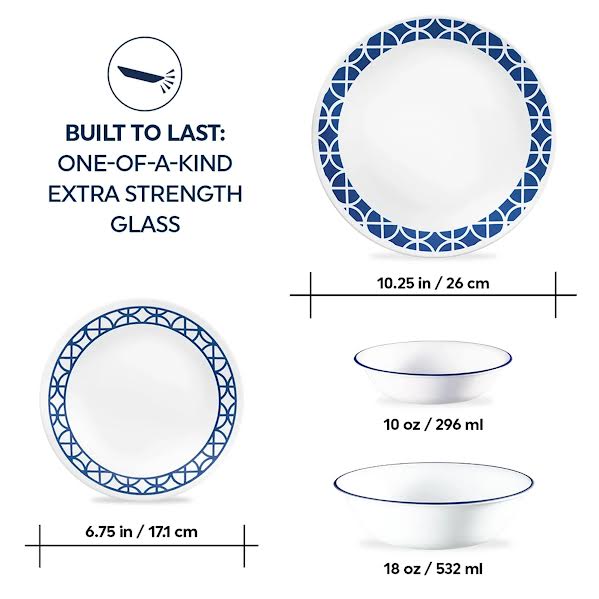 Corelle Cobalt Circles 16 Piece Dinner Set White