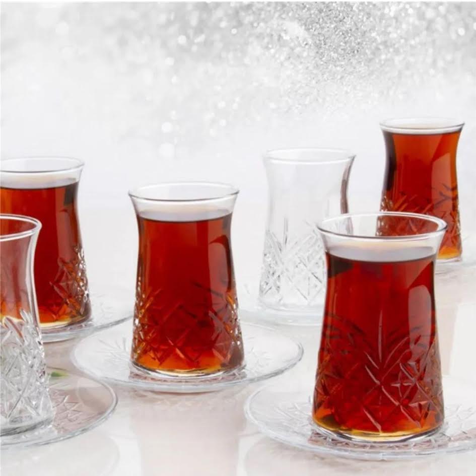 Pasabahce 12 Piece Crystal Turkish Tea Glasses and Saucers