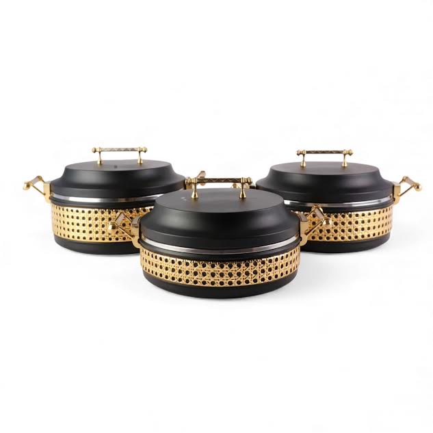 3 Piece Thermos Hot Pot Set Black & Gold Full Metal