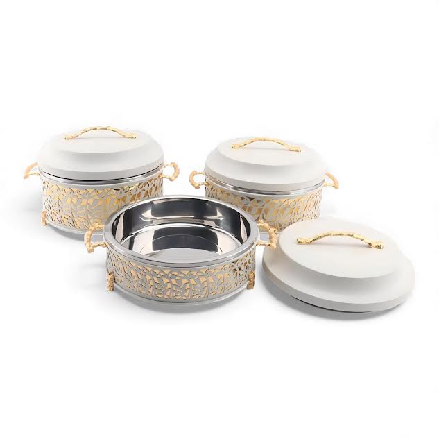 3 Piece Thermos Hot Pot Set Cream & Gold Full Metal