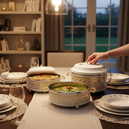 3 Piece Thermos Hot Pot Set Cream & Gold Full Metal