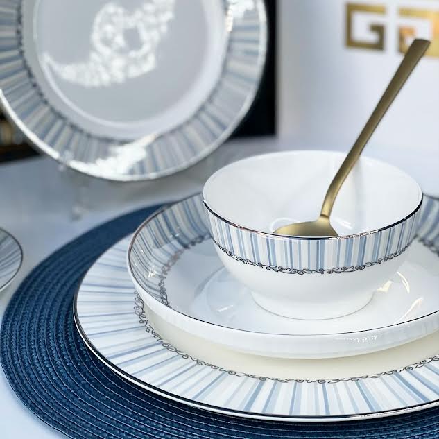 36 Piece Line Design Dinner Set White & Blue