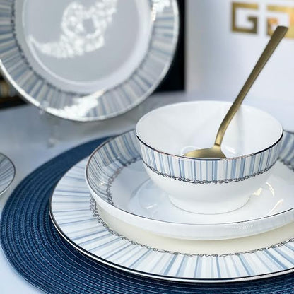 36 Piece Line Design Dinner Set White & Blue