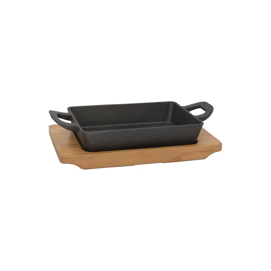 Regent Rectangular Cast Iron Pan on Wooden Board Black & Brown