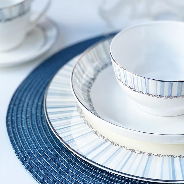 36 Piece Line Design Dinner Set White & Blue