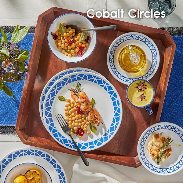Corelle Cobalt Circles 16 Piece Dinner Set White