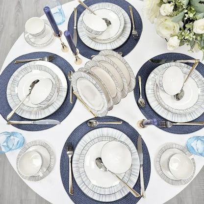 36 Piece Line Design Dinner Set White & Blue
