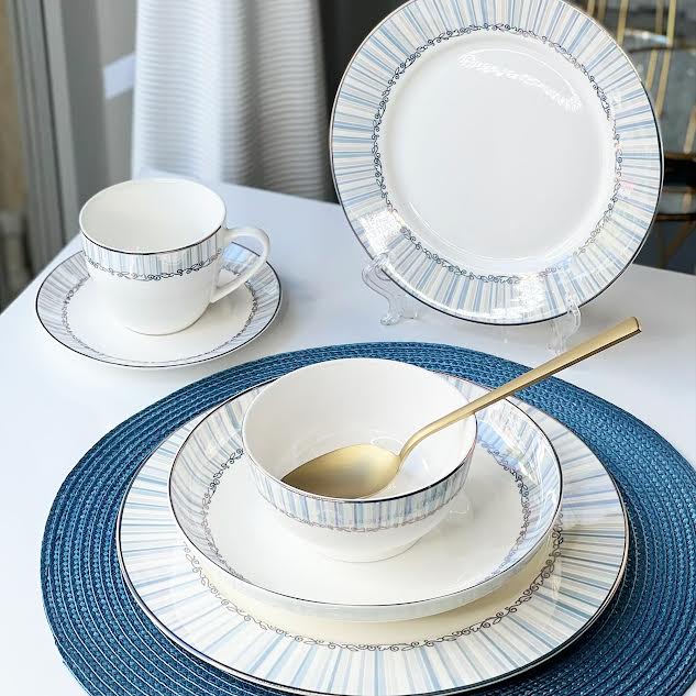 36 Piece Line Design Dinner Set White & Blue