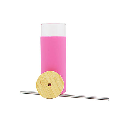 Aqua 450ml Silicone Bottle With Bamboo Lid Pink