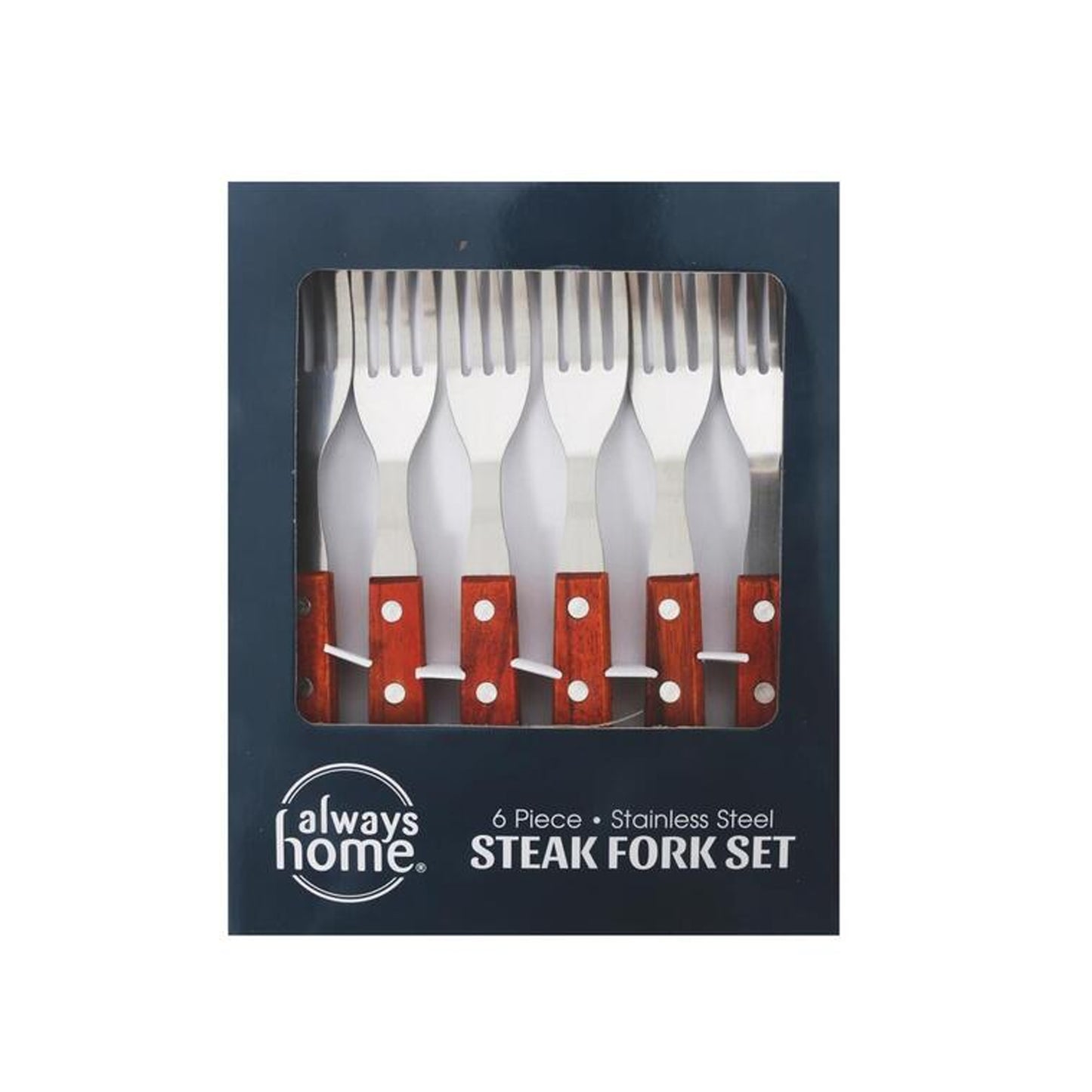 Always Home 6 Piece Steak Fork Set with Wooden Handle Silver