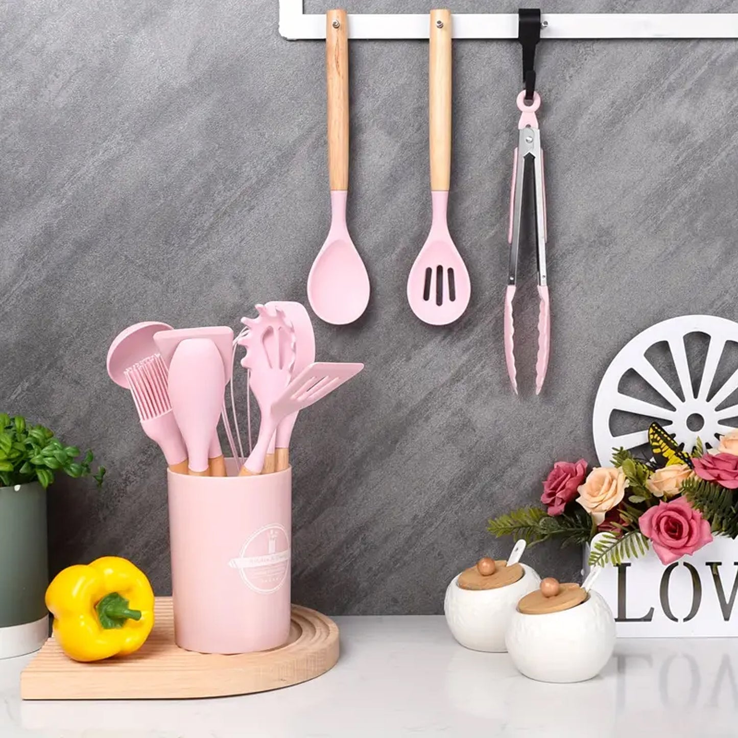 Kitchen Life 12 Piece Silicone Utensil Set Pink