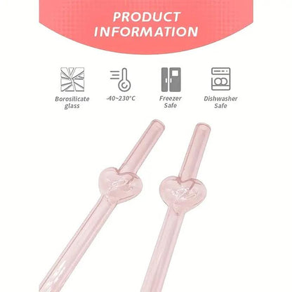 Reusable Glass Straws with Heart Design Pink