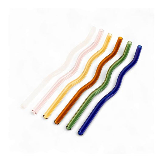 6 Piece Curved Glass Straw Set Multicoloured