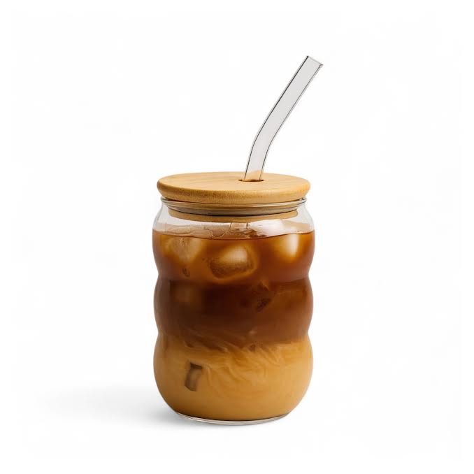 Bubble Coffee Glass with Lid & Straw Clear