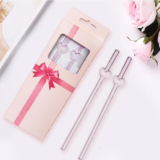 Reusable Glass Straws with Heart Design Pink