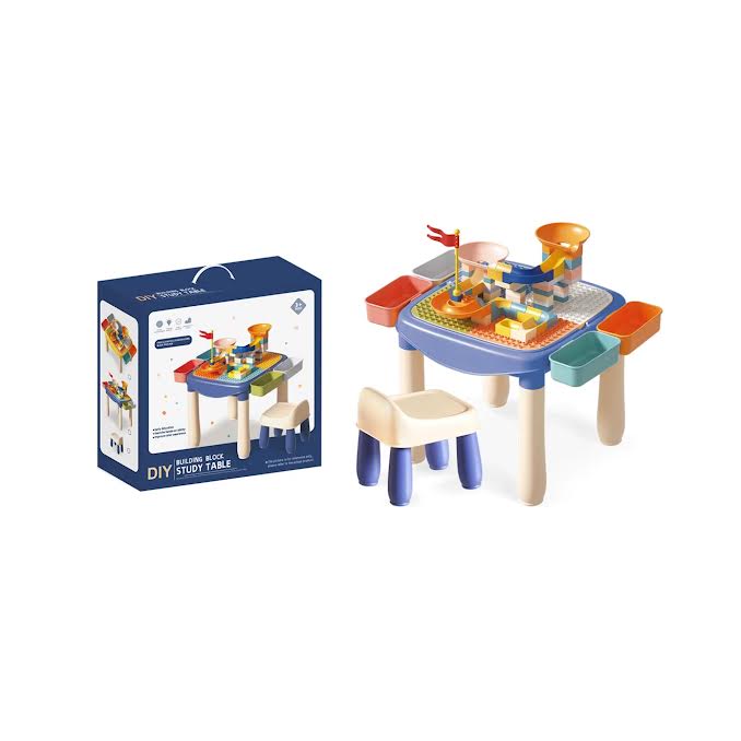 2 in 1 Plastic Study Desk & DIY Kids Blocks Toys Set Multicoloured