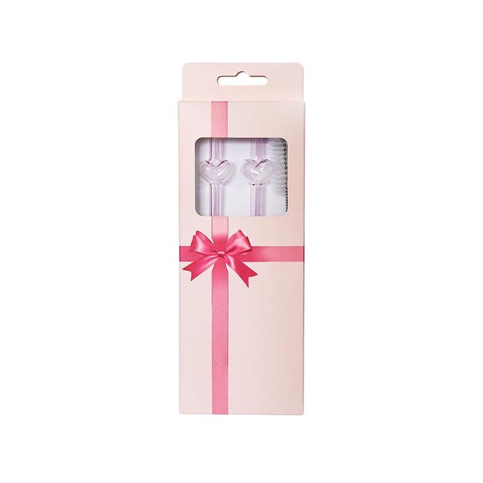 Reusable Glass Straws with Heart Design Pink