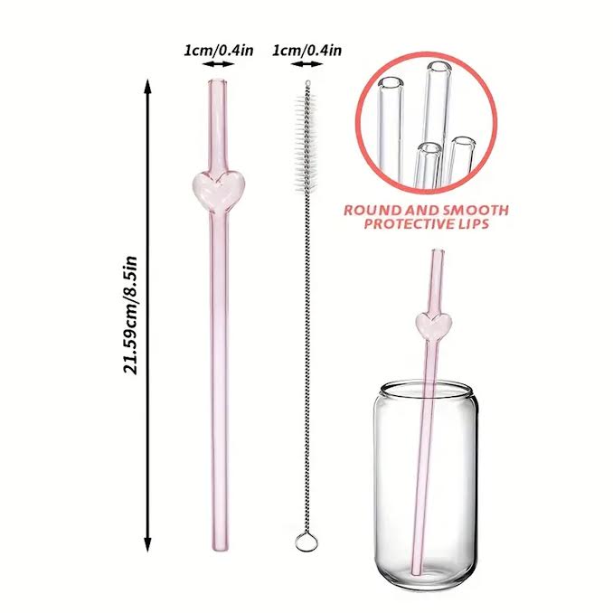 Reusable Glass Straws with Heart Design Pink