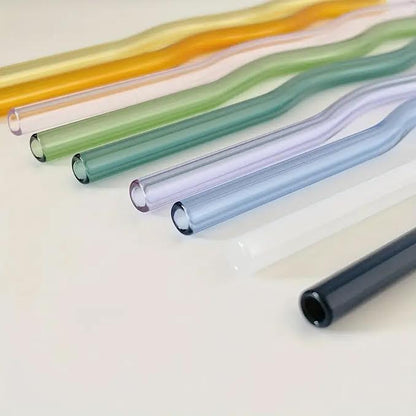 6 Piece Curved Glass Straw Set Multicoloured