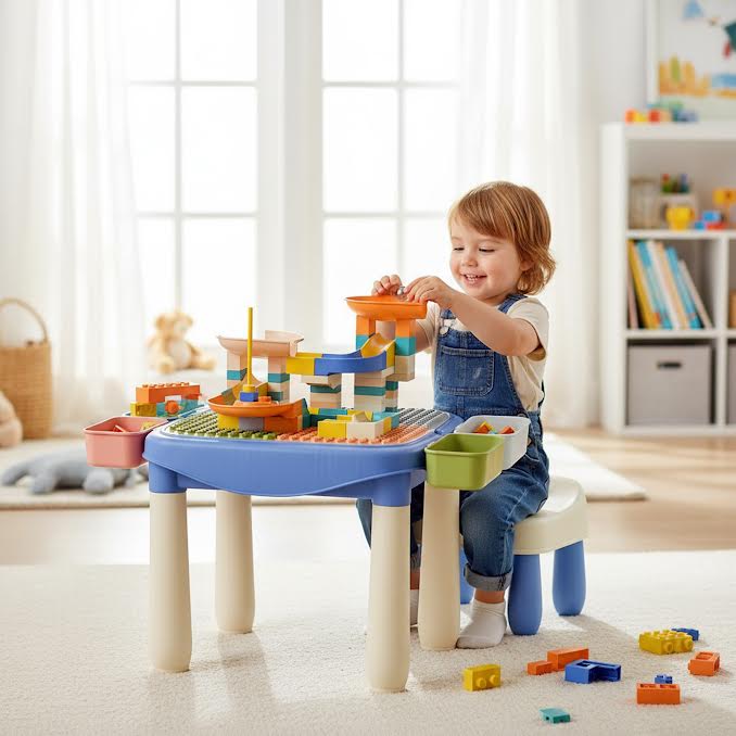 2 in 1 Plastic Study Desk & DIY Kids Blocks Toys Set Multicoloured