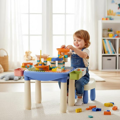 2 in 1 Plastic Study Desk & DIY Kids Blocks Toys Set Multicoloured