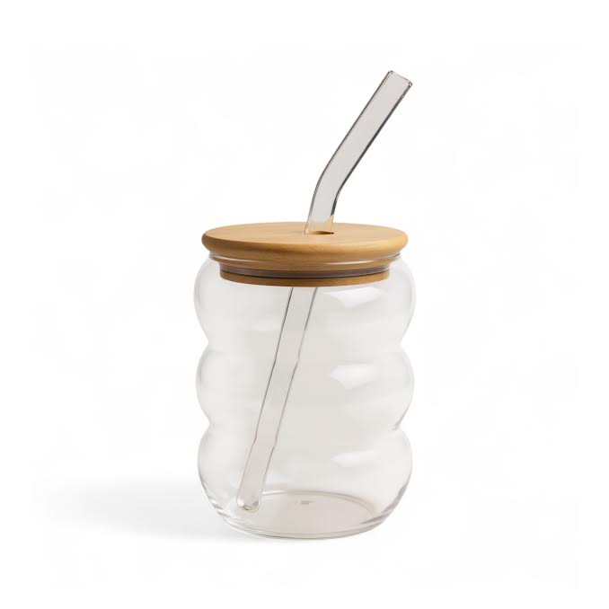 Bubble Coffee Glass with Lid & Straw Clear