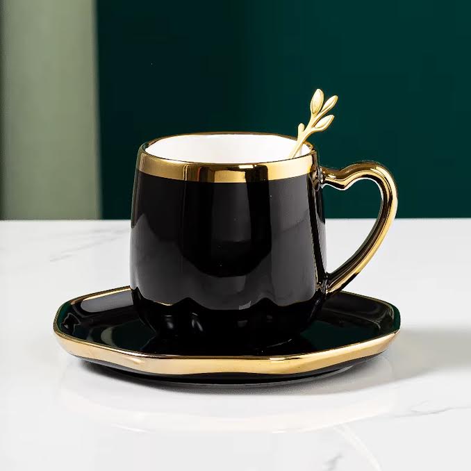 Ceramic Flower Tea Cup & Saucer Set Black
