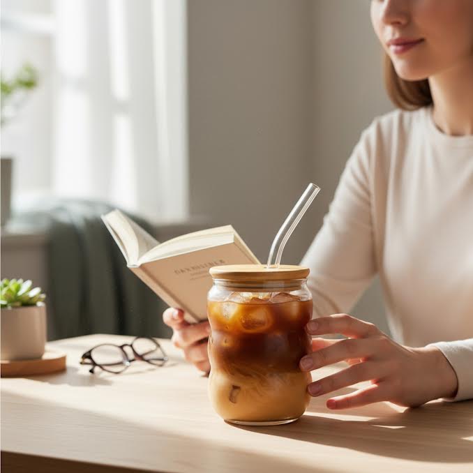 Bubble Coffee Glass with Lid & Straw Clear