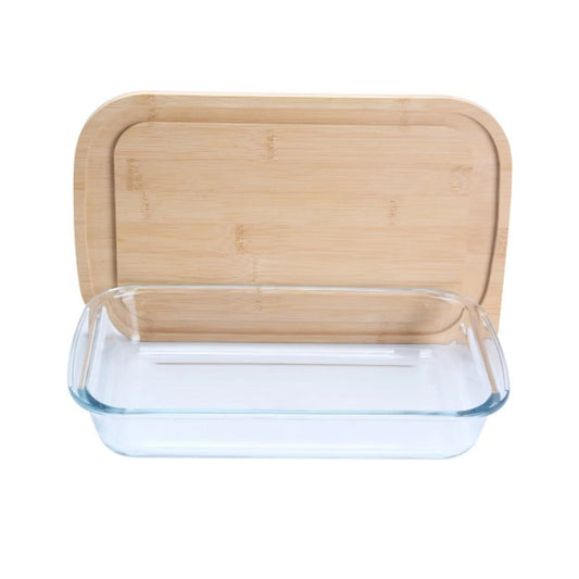Aqua Rectangular Glass Baking Tray with Bamboo Lid Clear