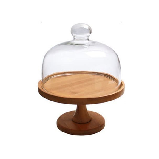 Kitchen Life Glass Dome Cake Stand with Wooden Base Clear