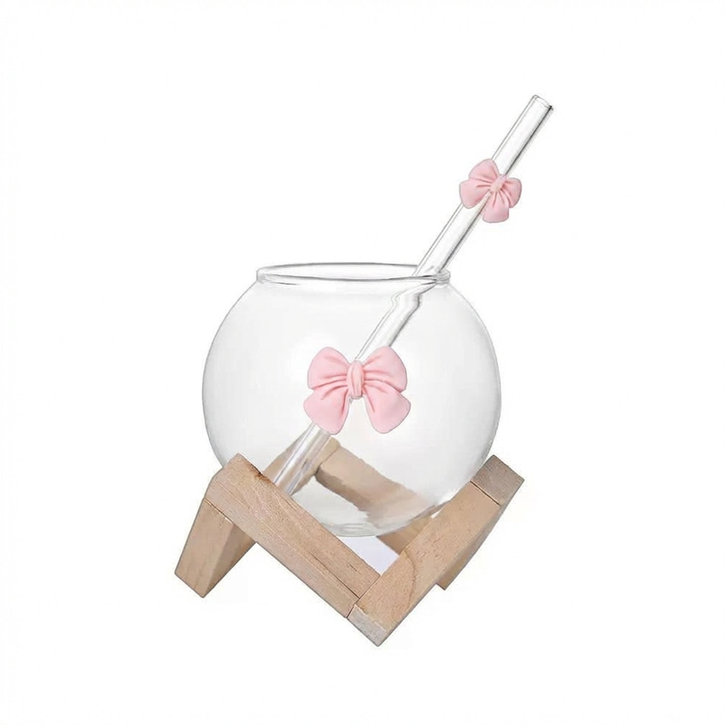 Glass Cup with Straw & Bamboo Stand Pink