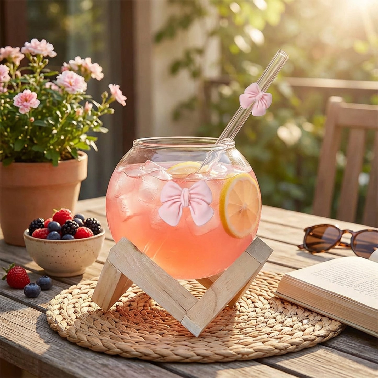Glass Cup with Straw & Bamboo Stand Pink