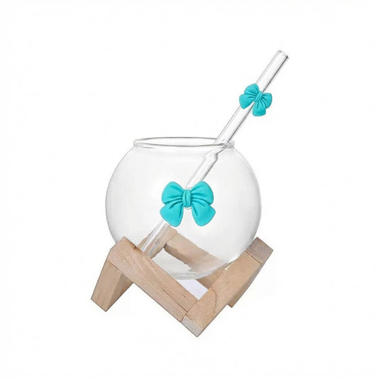 Glass Cup with Straw & Bamboo Stand Blue