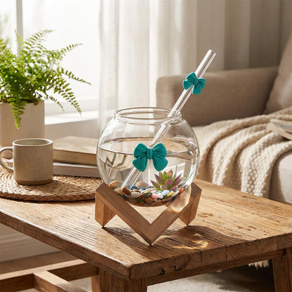 Glass Cup with Straw & Bamboo Stand Blue