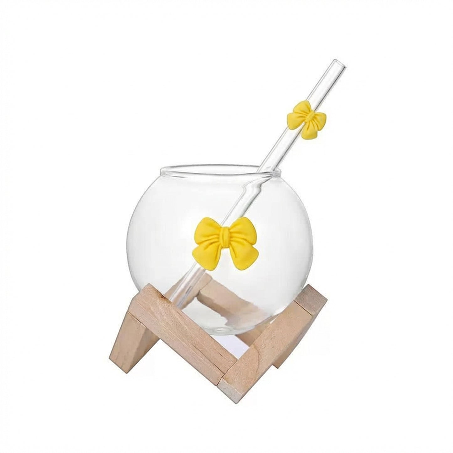 Glass Cup with Straw & Bamboo Stand Yellow