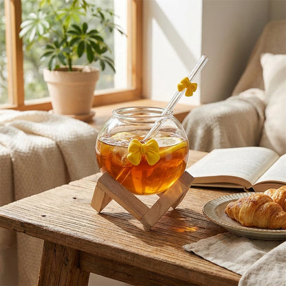 Glass Cup with Straw & Bamboo Stand Yellow