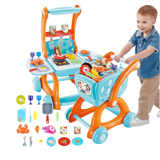 2-in-1 Shopping Trolley & Kitchen Play Set Blue