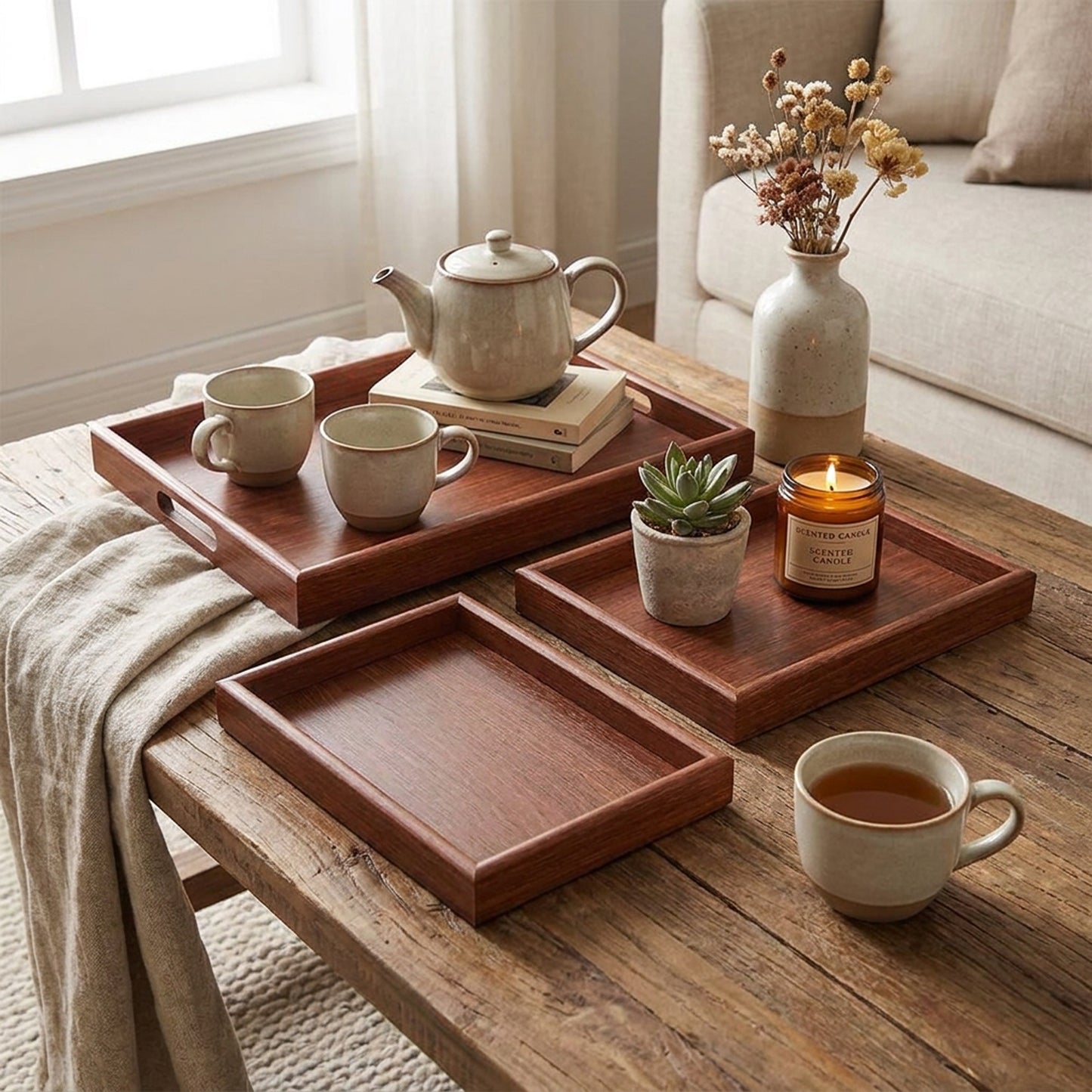 3 Piece Wooden Serving Tray Set Dark Brown