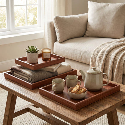 3 Piece Wooden Serving Tray Set Dark Brown