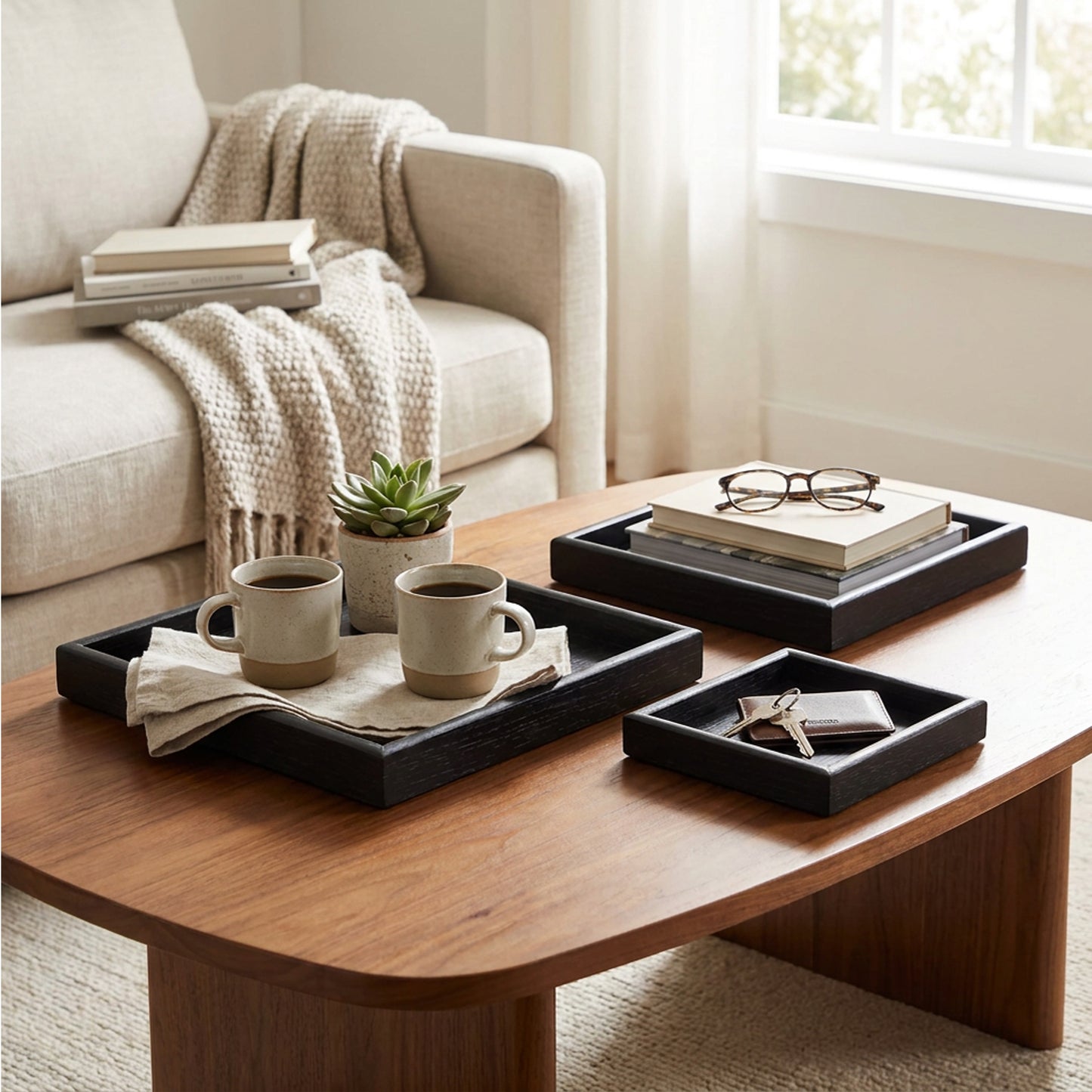3 Piece Wooden Serving Tray Set Black
