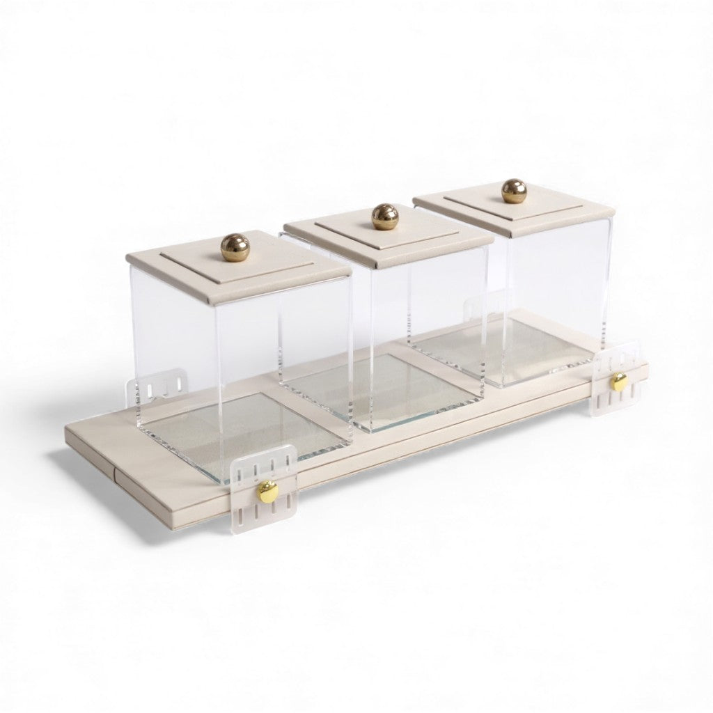 4 Piece Leather Canister Set Cream