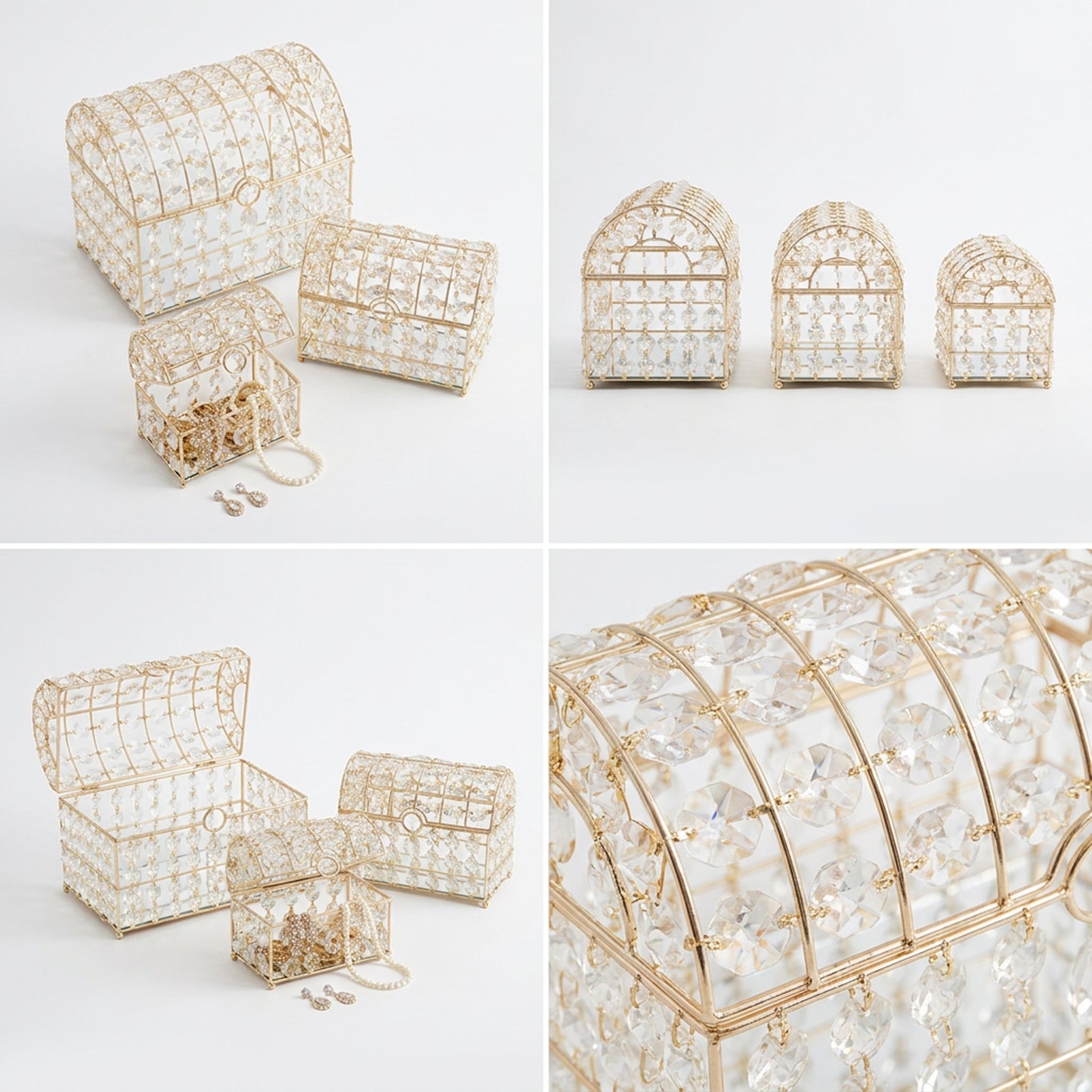 3 Piece Mirror Jewellery Box Set Gold