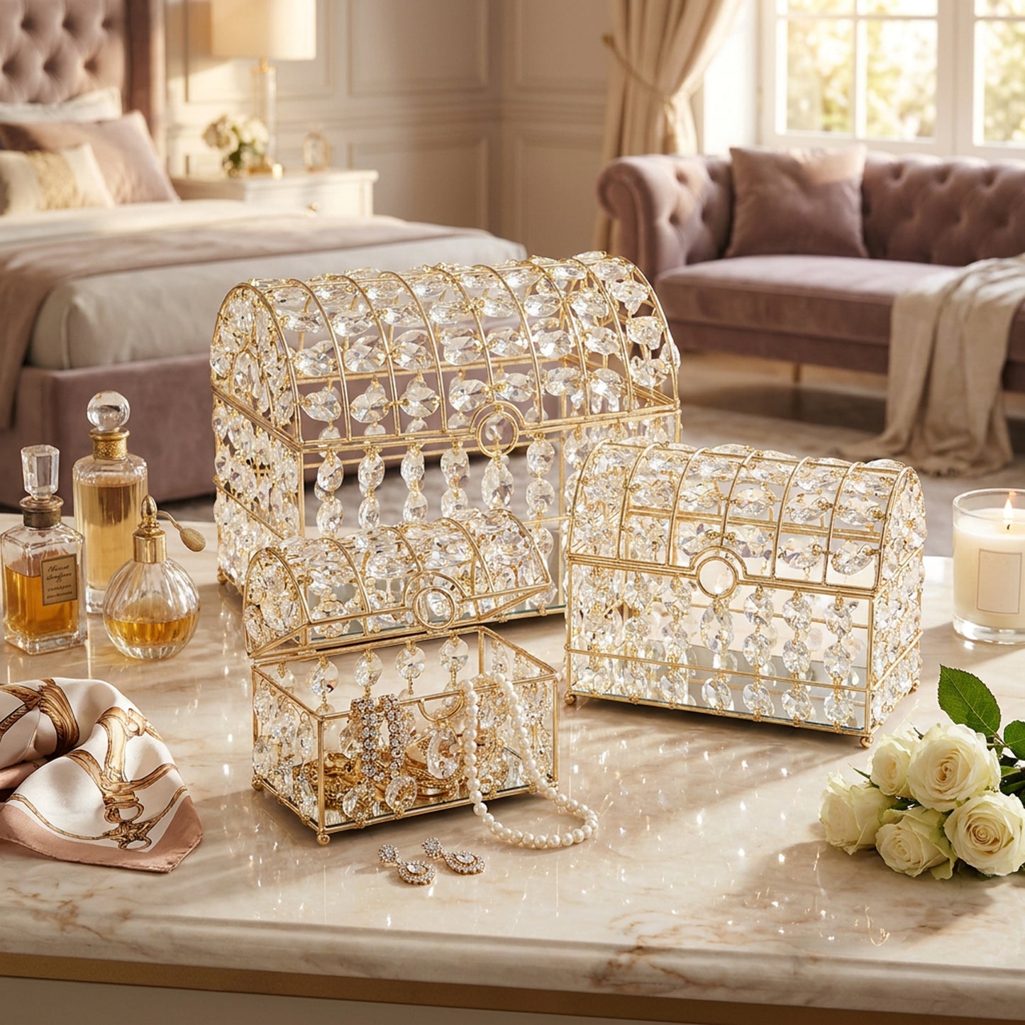 3 Piece Mirror Jewellery Box Set Gold