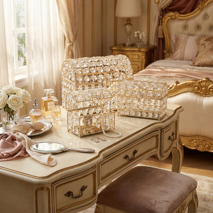 3 Piece Mirror Jewellery Box Set Gold