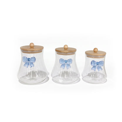 3 Piece Bow Design Glass Canister Set Blue