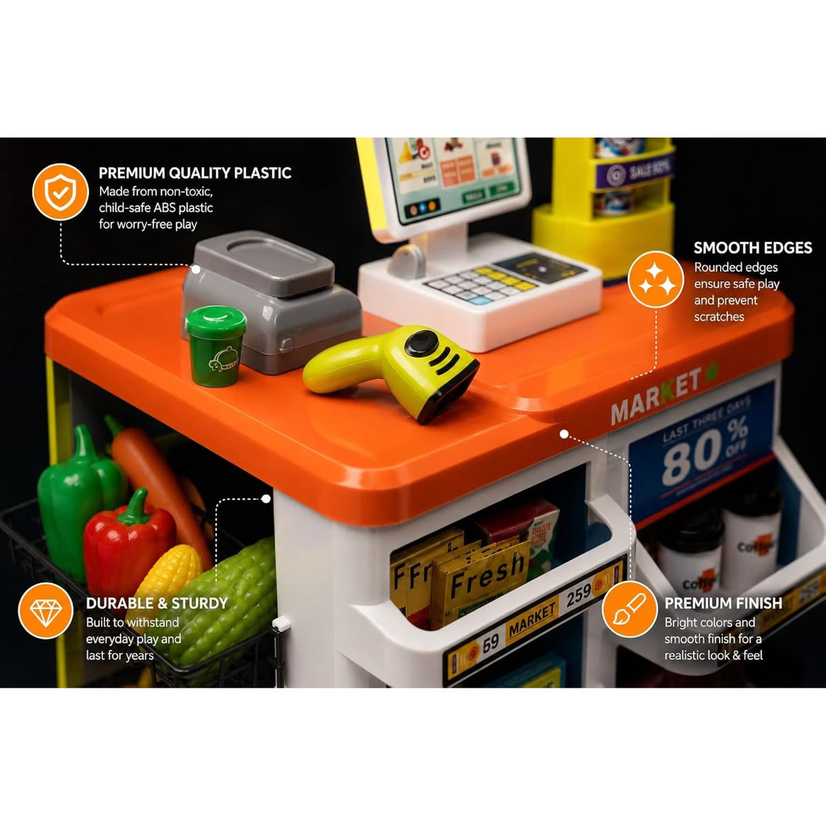 60 Piece Supermarket Cash Register Play Set Orange