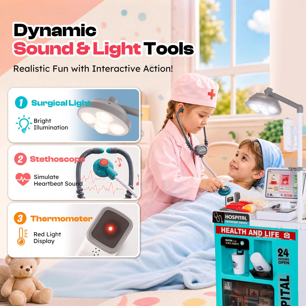 77 Piece 2-in-1 Medical Counter Doctor Play Set with Light & Sound Teal
